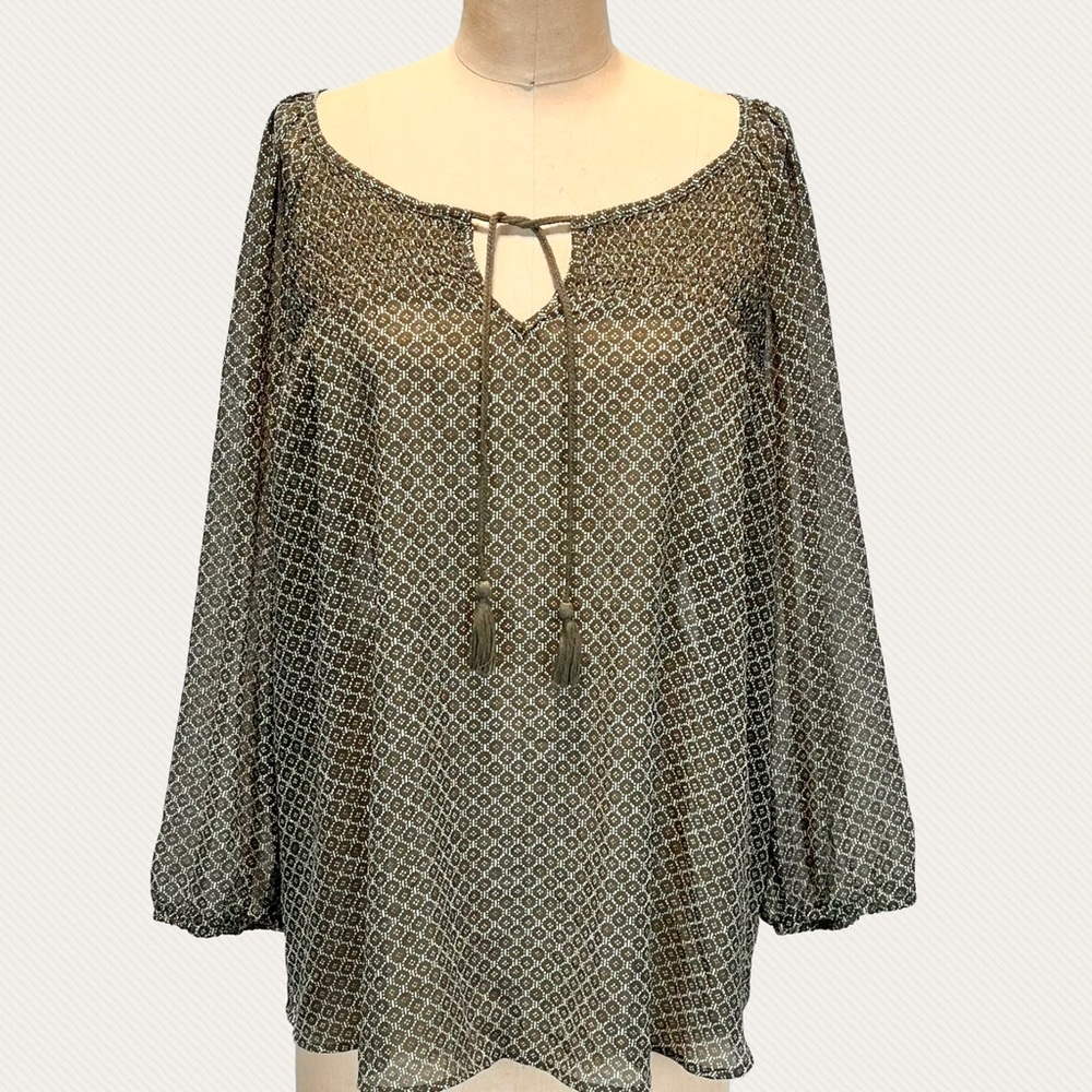Prairie blouse scoop neck tassel tie long sleeve earthy‎ lightweight airy breezy